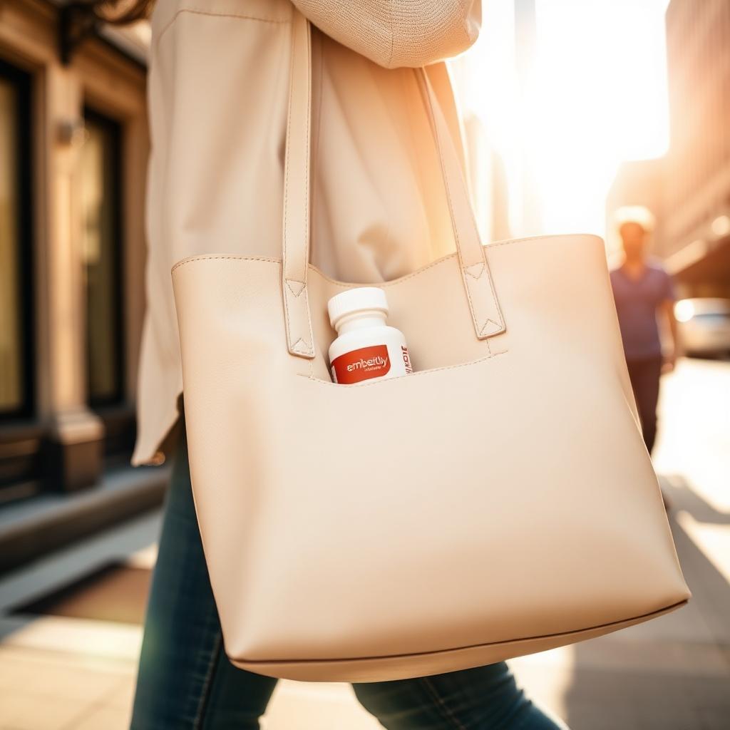 emberly bottle peeking out of a tote bag on the go